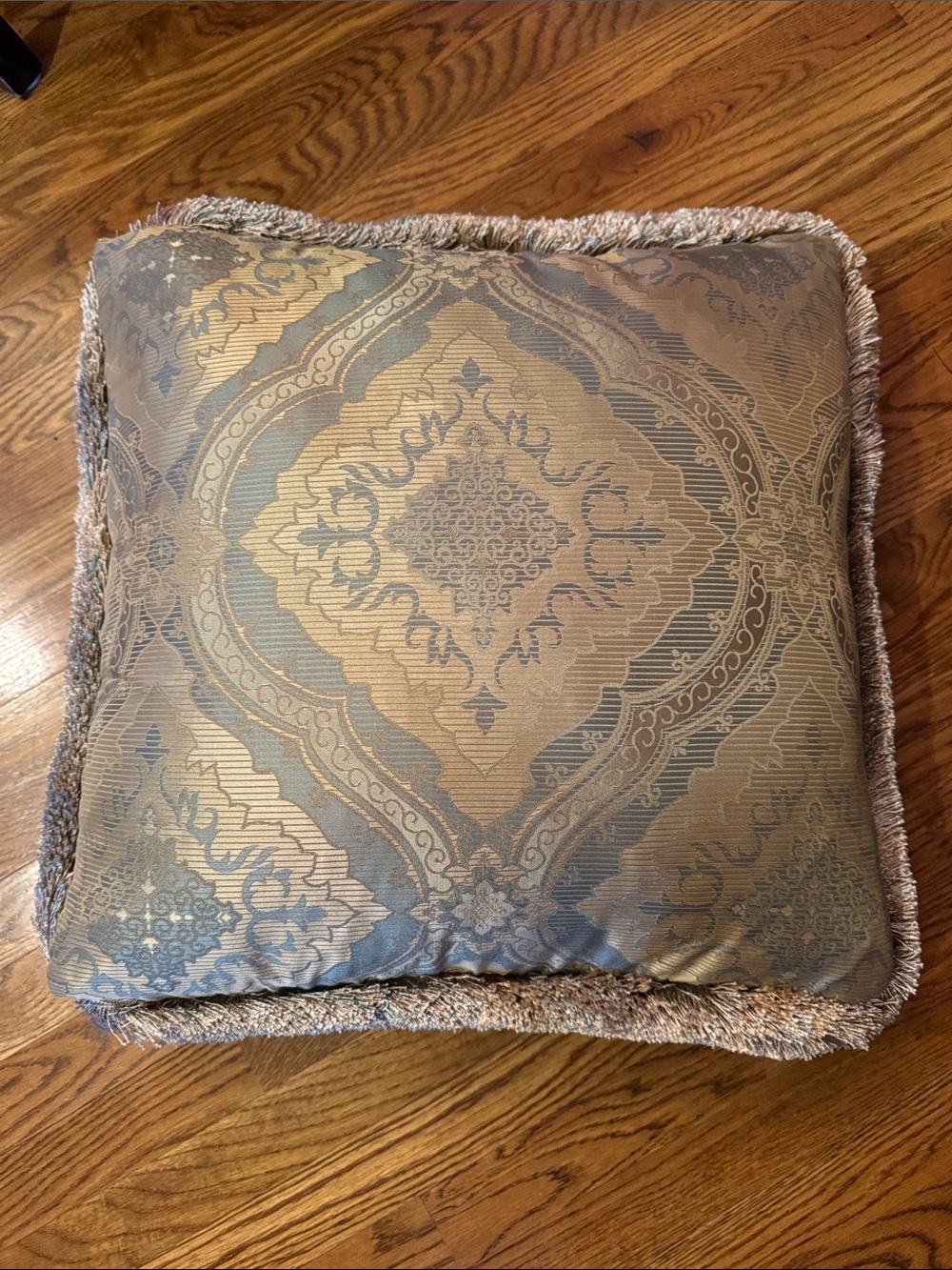 Decorative Damask Throw Pillow in Gold and Blue Gray